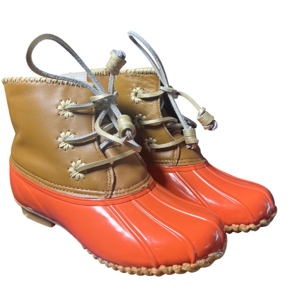 Jack Rogers Chloe Duck Boots Orange Tan Leather Whipstitch Ankle Boots Womens 8